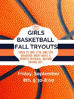 2023-2024 TPES Girls Fall Basketball Tryouts Graphic and Announcement